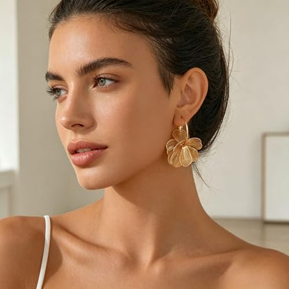 Gold Silver Flower Hoop Earrings for Women 14K Gold Plated Large Layered Flower Dangle Drop Earrings Wedding Party Holiday Birthday Gifts Lightweight Trendy Bohemian Jewelry Gift for Her - color: Gold