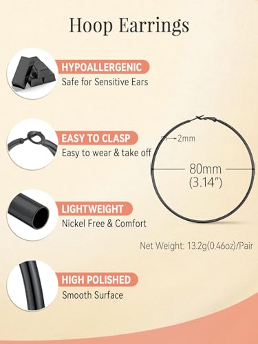FaithHeart Silver/Black/Gold Stainless Steel Thin Hoop Earrings for Women | 2mm Wide Thin Large Hoop Earrings, Hypoallergenic Lightweight Trendy Jewelry, 20/30/40/50/60/70/80/90/100mm - color: Black, size: 80mm/3.14"