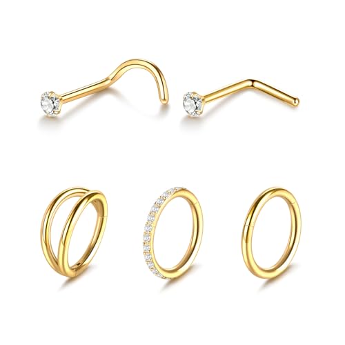 Xpircn 5pcs Hoop Nose Rings and L Shaped Nose Rings Stud Set 18G/20G Stainless Steel CZ Helix Conch Daith Tragus Cartilage Hoop Earrings for Women 6mm 7mm 8mm 10mm - color: Gold, size: 18G, 6mm hoop & 7mm studs