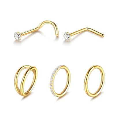 Xpircn 5pcs Hoop Nose Rings and L Shaped Nose Rings Stud Set 18G/20G Stainless Steel CZ Helix Conch Daith Tragus Cartilage Hoop Earrings for Women 6mm 7mm 8mm 10mm - color: Gold, size: 18G, 6mm hoop & 7mm studs
