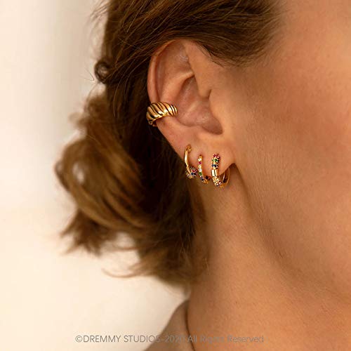 Dremmy Studios Dainty CZ Huggie Hoop Earrings 14K Gold Plated Chunky Simple Cute Thick Round Frill Bead Ball Starburst Cuff Earrings Cubic Zirconia Hoop Earrings Minimalist Personalized Gift for Her - color: Rainbow C