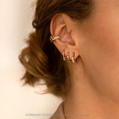 Dremmy Studios Dainty CZ Huggie Hoop Earrings 14K Gold Plated Chunky Simple Cute Thick Round Frill Bead Ball Starburst Cuff Earrings Cubic Zirconia Hoop Earrings Minimalist Personalized Gift for Her - color: Rainbow C