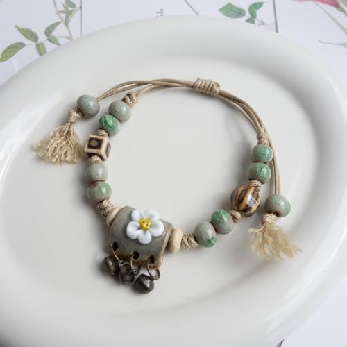 Handcrafted Bohemian Ceramic Flower Bracelet with Leaf Charm, Adjustable Beaded Bracelet for Women, Unique Handmade Jewelry Gift for Nature Lovers - style: Bohemian