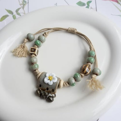 Handcrafted Bohemian Ceramic Flower Bracelet with Leaf Charm, Adjustable Beaded Bracelet for Women, Unique Handmade Jewelry Gift for Nature Lovers - style: Bohemian