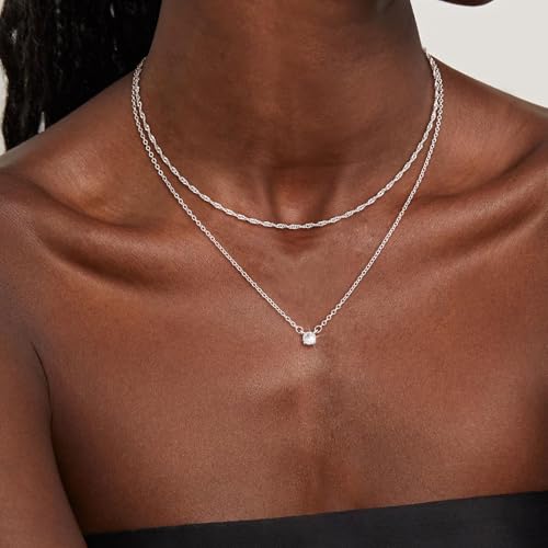 CHESKY Layered Silver Necklace for Women Trendy,Dainty Silver Plated Stackable Charm Necklace Layering Paperclip Tennis Rope Chain CZ Pendant Jewelry Set Gifts - style: CZ-wave