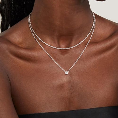 CHESKY Layered Silver Necklace for Women Trendy,Dainty Silver Plated Stackable Charm Necklace Layering Paperclip Tennis Rope Chain CZ Pendant Jewelry Set Gifts - style: CZ-wave