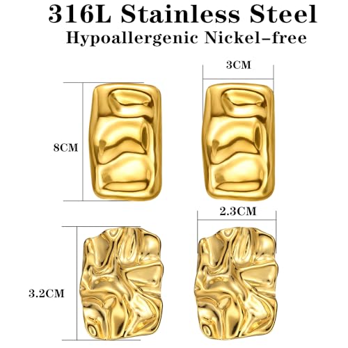 Geometric Rectangle Gold Plated Stud Earrings Irregular Hammered Chunky Statement Square Earrings for Women Trendy - color: Gold Rectangle 2Pairs