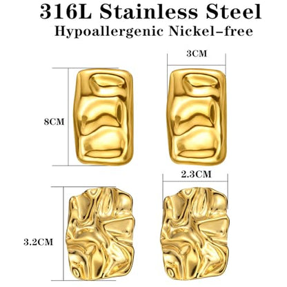 Geometric Rectangle Gold Plated Stud Earrings Irregular Hammered Chunky Statement Square Earrings for Women Trendy - color: Gold Rectangle 2Pairs