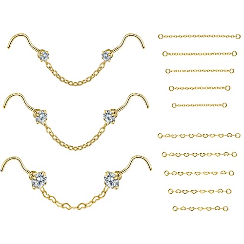 PunkTracker 20G Nose Rings 2mm 2.5mm 3mm CZ Nose Studs | with Chains Surgical Steel Nose Piercing Jewelry Nose Ring Studs - style: Gold, Nose Screw, B