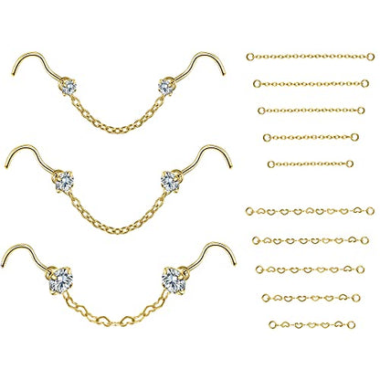 PunkTracker 20G Nose Rings 2mm 2.5mm 3mm CZ Nose Studs | with Chains Surgical Steel Nose Piercing Jewelry Nose Ring Studs - style: Gold, Nose Screw, B