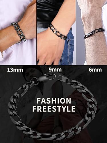 ChainsHouse Figaro Link Chain Bracelet for Men Stainless Steel Jewelry | Black/ Gold Bracelets Men, 6/9/13mm Figaro Cuabn Bracelets 7.5"/8.3", Chunky Hip Hop Wrist Hand Chain Bracelet for Gift - color: h: 9mm-black
