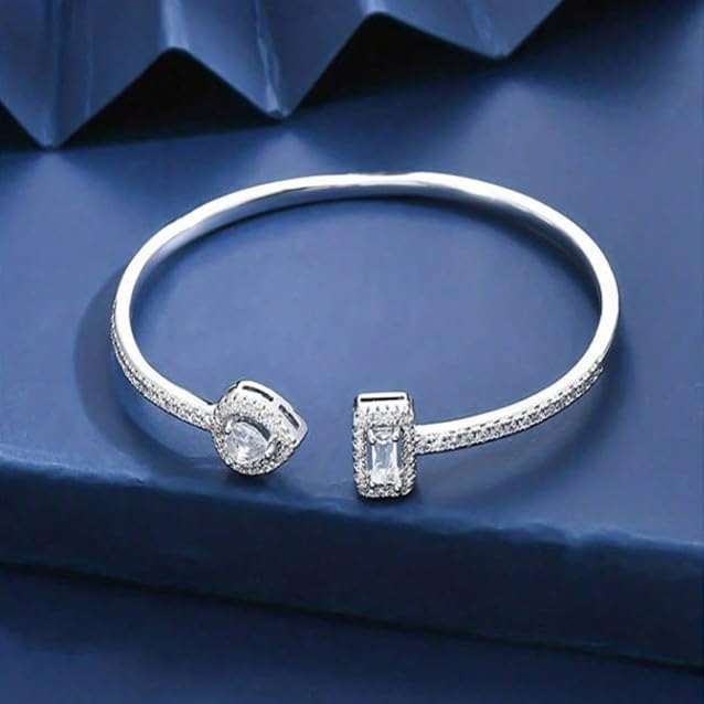 Elegant Versatile Youthful Bracelet, Delicate Water Drop & Square Stone Cuff Bangle for Women - color: Silver-White, size: One Size