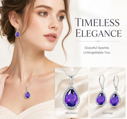 VONSSY Classic Oval Pendant Gemstone Necklace | Crystal Ruby Sapphire Waterdrop Birthstone Teardrop Emerald Necklace | 18K Platinum Gold Plated Chain | Jewelry Gift for Mother Wife Girlfriend - color: NL & ER - Purple