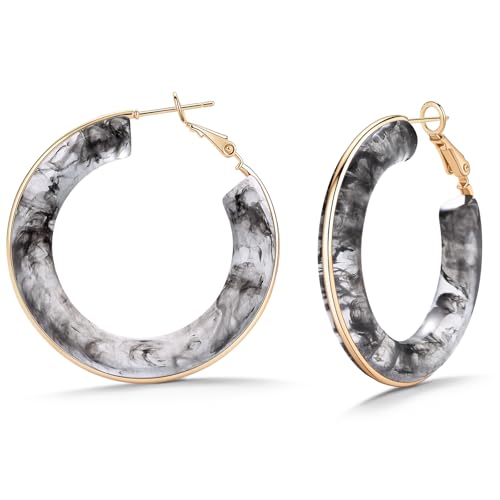 Chunky Gold Resin Hoop Earrings Leverback Statement Huggie Hoops Dangle Drop Dressy Earring Prom Festival Vacation Jewelry for Women - color: Black, size: Hoop