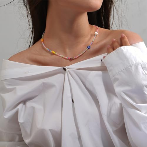 4-12 Pieces Beaded Choker Necklaces for Women Boho Seed Bead Choker Set Hawaiian Handmade Turquoise Beach Beads Necklace Chain Jewelry - style: 6 Bead Pearl Necklace
