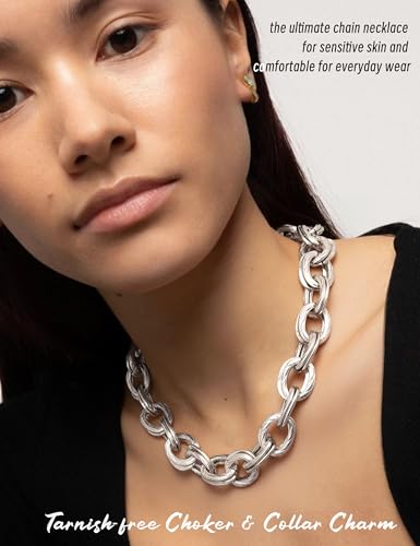 Magitaco Chunky Choker Necklace for Women, Cuban Link Chain Thick Statement Necklace, Big Double O Link Necklaces Women's Trendy Jewelry for Ladies - color: Sliver color