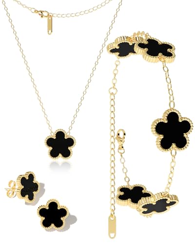 AICase Clover Jewelry Set,18K Gold Plated Lucky Clover Bracelet,Four Leaf Clover Necklace and Clover Earrings Fashion Jewelry Sets Gifts for Women/Mon - color: Black