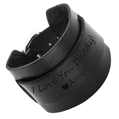 Jovivi Cutom Leather Bracelet - Personalized Punk Men Women Black Brown Wide Genuine Leather Wrap Cuff Bangle Bracelet Belts Wistband, Adjustable 7.2"-9" - color: Black(Engraving)