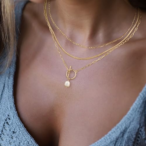 MFRYK Gold/Silver Necklaces Stack For Women,14K Gold/Sterling Silver Plated Simple Layered Choker Necklaces For Women,Stackable Multilayer Pearl Cross Disc Circle Pendant Cuban Herringbone Snake Paperclip Chain Necklaces Set Jewelry Gift for Women - style