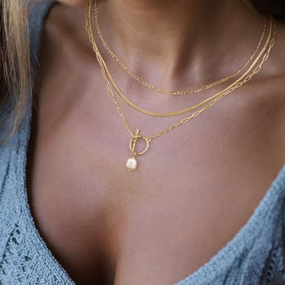 MFRYK Gold/Silver Necklaces Stack For Women,14K Gold/Sterling Silver Plated Simple Layered Choker Necklaces For Women,Stackable Multilayer Pearl Cross Disc Circle Pendant Cuban Herringbone Snake Paperclip Chain Necklaces Set Jewelry Gift for Women - style