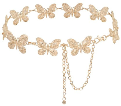 Waist Chain Belts Women Girls Metal Belly Link | Adjustable Waist Belt for Jeans and Dress - color: Gold Big Butterfly, size: L: 53.1 in