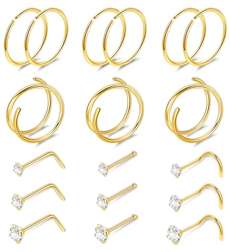 22G 18Pcs G23 Titanium Nose Rings Hoops for Sensitive Skin Double Nose Rings L Shaped Nose Studs Hypoallergenic Nose Piercings Jewelry - color: Gold