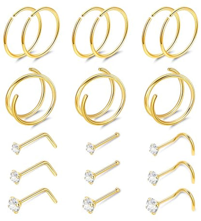 22G 18Pcs G23 Titanium Nose Rings Hoops for Sensitive Skin Double Nose Rings L Shaped Nose Studs Hypoallergenic Nose Piercings Jewelry - color: Gold