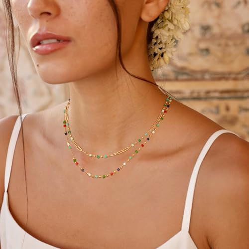MTMY Beaded Necklaces for Women 14K Gold Plated Dainty Colorful Green/Rose Beaded Pearl Choker Necklace Delicate Boho Choker Necklace Jewelry Gift - style: Layer-mix color