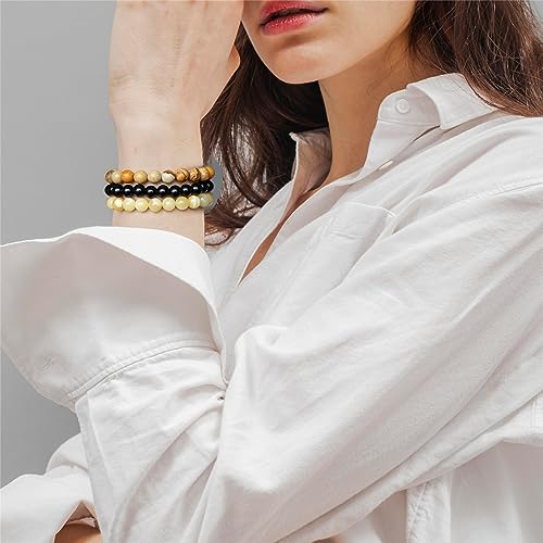 3 PCS Healing Crystal Bracelets for Women 8mm Natural Stone Beaded Stretch Bracelet Amethyst Jewelry Gifts - color: 11 8mm Picture Jasper & Yellow Jade
