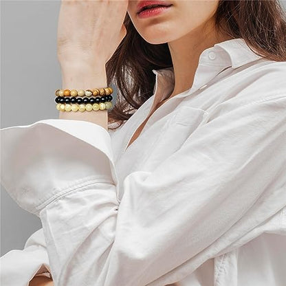 3 PCS Healing Crystal Bracelets for Women 8mm Natural Stone Beaded Stretch Bracelet Amethyst Jewelry Gifts - color: 11 8mm Picture Jasper & Yellow Jade