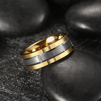 King Will Classic Mens 、Tungsten Carbide Rings Brick Pattern Groove Center | Silver/Black/Gold/Rose Gold, 8mm, Grooved, Comfort Fit, Brick pattern, Everyday Wear - color: C-Gold & Silver