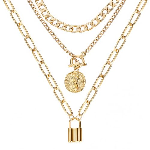 Gold Layered Necklaces for Women Chunky Layered Gold Link Chain Necklaces Trendy Paperclip Herringbone Toggle Clasp Necklace Statement Jewelry Accessories for Her - color: A5:gold chunky necklace