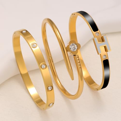 3Pcs Gold Bracelets for Women 14K Gold Plated Love/H/Nail Bangle Bracelet Dainty Non Tarnish Bracelet Jewelry Christmas Mothers Day Gifts for Women - color: 3Pcs Gold/Black H bracelet
