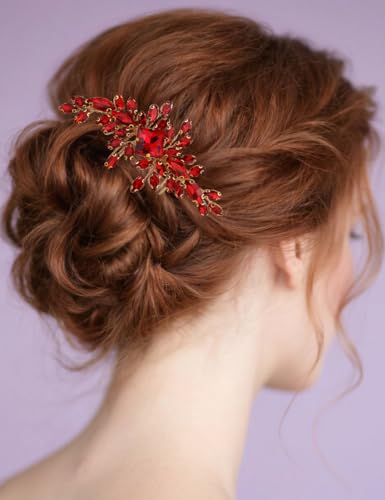 Square Rhinestone Hair Comb Silver Gold Rhinestone Wedding Headpiece Handmade Crystal Bridal Hair Comb Bridal Hairpiece for Brides Bridesmaid (red) - color: red