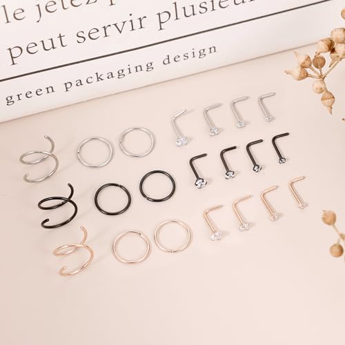 21PCS 18G 20G 22G 316L Stainless Steel Nose Rings Hoop for Women Men Double Nose Ring CZ Nose Stud Piercing Jewelry - color: 18G-Sliver+Rose Gold+Black