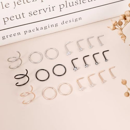 21PCS 18G 20G 22G 316L Stainless Steel Nose Rings Hoop for Women Men Double Nose Ring CZ Nose Stud Piercing Jewelry - color: 18G-Sliver+Rose Gold+Black