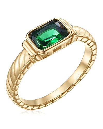 Gold Emerald Rings Gold Rings for Women Dainty Green Rings Cut Emerald Gemstones CZ Non Tarnish Gold Rings 14K Gold Plated Rings for Women Band Size 6/7/8/9 - size: Size 9