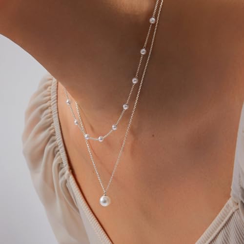 OGD Gold Pearl Necklace Set for Women 14K Plated Layered Daisy Choker Gift - color: Silver Pearl Necklace-2PCS