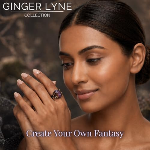 Henrietta Gothic Opal Ring for Women, Fantasy Promise Ring by Ginger Lyne | Simulated White Fire Opal, Cubic Zirconia Black Rose Gold Plated Bold Jewelry Statement Piece For Engagements, Gifts & Events - color: Purple-Gold