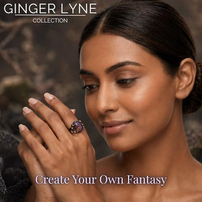Henrietta Gothic Opal Ring for Women, Fantasy Promise Ring by Ginger Lyne | Simulated White Fire Opal, Cubic Zirconia Black Rose Gold Plated Bold Jewelry Statement Piece For Engagements, Gifts & Events - color: Purple-Gold