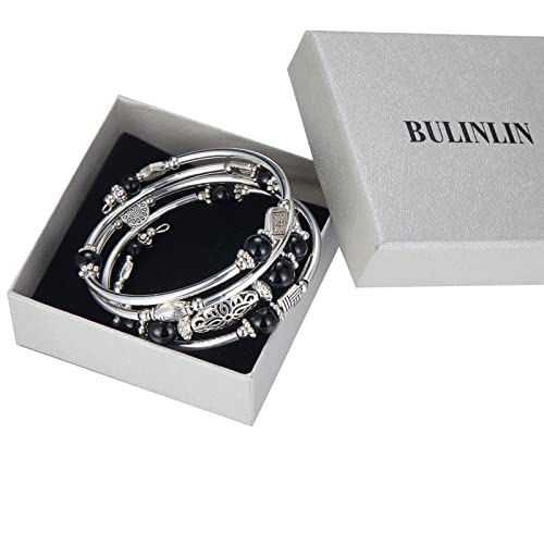 BULINLIN Layered Wrap Bangle Turquoise Bracelet - Bead Bracelet with Natural Agate Stone, Gifts For Women - color: 03-Black
