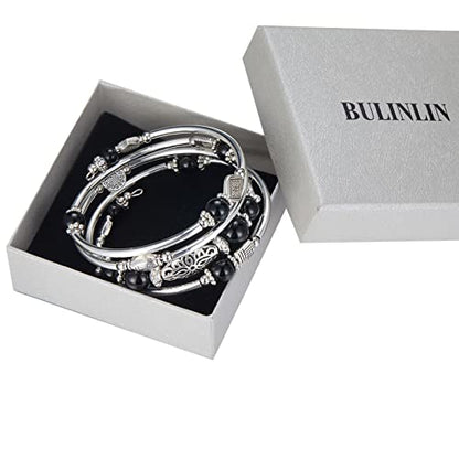 BULINLIN Layered Wrap Bangle Turquoise Bracelet - Bead Bracelet with Natural Agate Stone, Gifts For Women - color: 03-Black
