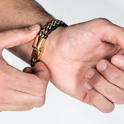 SERASAR | Premium Genuine Leather Bracelet [Steel] for Men in Black | Magnetic Stainless Steel Clasp in Black, Silver and Gold | Exclusive Jewellery Box | Great Gift Idea - color: Gold, size: 20cm