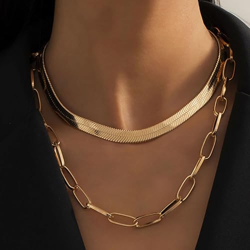 Gold Choker Necklace Dainty Cuban Link Necklace Simple Flat Snake Chain Necklace Layered Herringbone Necklace Hip Hop Jewelry for Women - style: Style-3