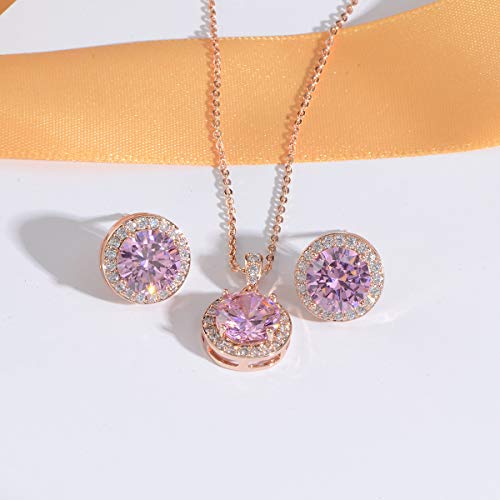 Bridal Crystal Jewelry Set - Sterling Silver Round Cubic Zirconia CZ Rhinestone Halo Birthstone Pendant Necklace Stud Earrings Set for Wedding Bride Bridesmaids Birthday Gift - color: Pink