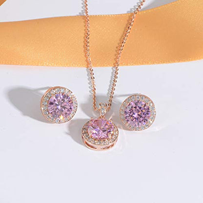 Bridal Crystal Jewelry Set - Sterling Silver Round Cubic Zirconia CZ Rhinestone Halo Birthstone Pendant Necklace Stud Earrings Set for Wedding Bride Bridesmaids Birthday Gift - color: Pink