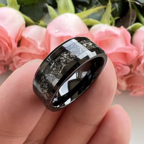TUTISS 6mm 8mm Silver/Black Tungsten Rings for Men Women Meteorite Shavings Inlay Promise Engagement Wedding Bands Beveled Edges Polished Shiny Comfort Fit
