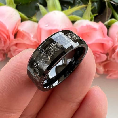 TUTISS 6mm 8mm Silver/Black Tungsten Rings for Men Women Meteorite Shavings Inlay Promise Engagement Wedding Bands Beveled Edges Polished Shiny Comfort Fit