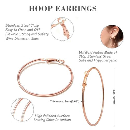 1 Pairs 60/70mm Silver 14K Gold Rose Gold Hoop Earrings for Women Hypoallergenic Stainless Steel Lightweight Big Hoops Shiny Dangle Earrings Trendy Jewelry Gifts - color: 60mm-Rose Gold Hoop Earrings