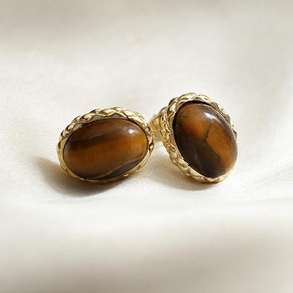 Gempires Bold Oval Gemstone Stud Earrings for Women – Natural Healing Stone Jewelry 14K Gold-Plated Hypoallergenic Tarnish-Resistant – Bold Statement Studs Gift for Her - style: Tiger Eye